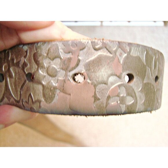 Fossil Bronze Metallic Floral Stamp Genuine Leather Belt Boho Dress Western Sz L - Picture 9 of 12